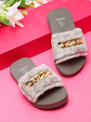 ONYC SuperComfy Kids Slippers for Girls - Grey Fur Sliders