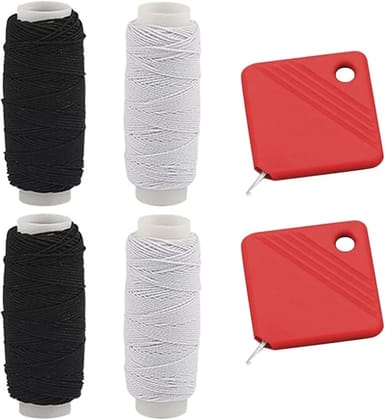 4 Rolls of Elastic Yarn for Sewing  2 Basting Tools, Elastic Pleated Cord in Black & White (0.5mm x 27.4m)  Complete Sewing Supplies Set