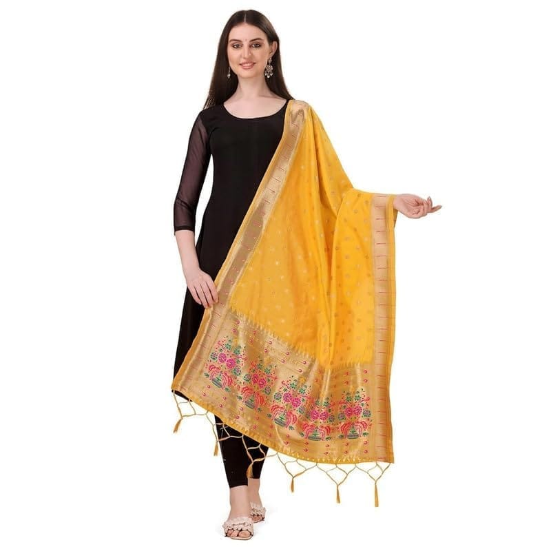 Women's Silk Pure Zari weaving Duppatta (Yellow, Leangth: 2-2.3 Mtrs)-PID44921