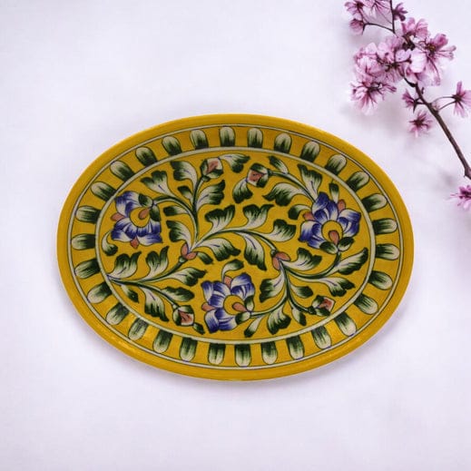 Blue Pottery Oval Plate - Yellow