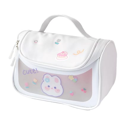 Wolpin PVC Travel Cosmetic Bag (White, 18 CM) | Large Toiletry Vanity Makeup Kit Storage Organiser | Portable Grooming Pouch for Travel Essentials | Cute Bear Sticker Design Makeup Bag Wolpin PVC Travel Cosmetic Bag (White, 18 CM) | Large Toiletry Vanity