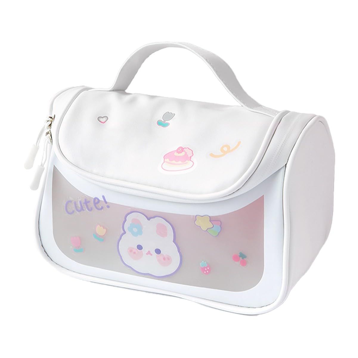 Wolpin PVC Travel Cosmetic Bag (White, 18 CM) | Large Toiletry Vanity Makeup Kit Storage Organiser | Portable Grooming Pouch for Travel Essentials | Cute Bear Sticker Design Makeup Bag Wolpin PVC Travel Cosmetic Bag (White, 18 CM) | Large Toiletry Vanity