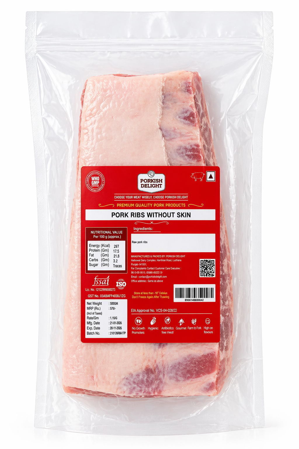 PORKISH DELIGHT Premium Pork Ribs Without Skin (500g) – Freshly Hand-Trimmed, Lean & Tender Cut | High-Protein Meat for BBQ, Grilling, and Slow Cooking | Vacuum-Sealed for Freshness