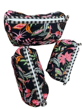 Quilted Travel Set with Floral Print, Black with Pink and Green Flowers, 3-Piece Set, Cosmetic Bags