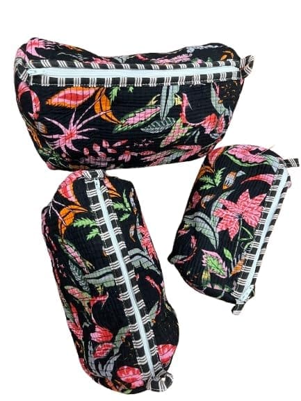 Quilted Travel Set with Floral Print, Black with Pink and Green Flowers, 3-Piece Set, Cosmetic Bags