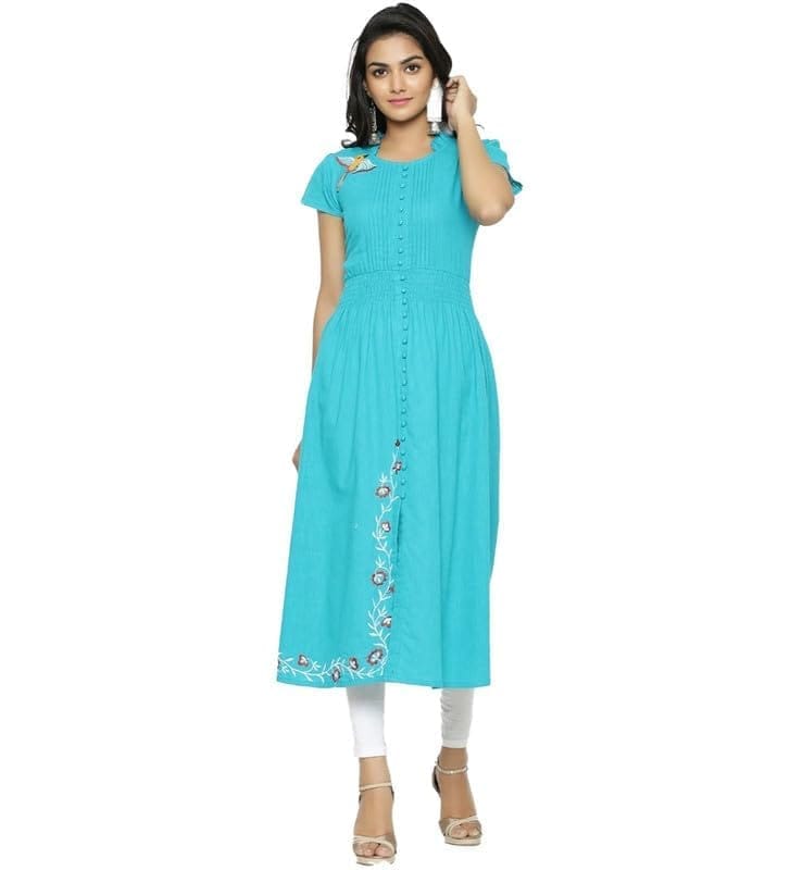 Women's Casual Short Sleeve Embroidery Cotton Slub Kurti (Torque Green, S)-PID48552