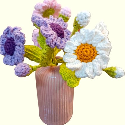 Handcrafted Crochet Daisy Flowers - 2 Flowers, 2 Buds in White, Baby Pink & Lavender | Perfect for Home D�cor & Gifts (Without Pot) Handcrafted Crochet Daisy Flowers - 2 Flowers, 2 Buds in White, Baby Pink & Lavender | Perfect for Home D�cor & Gifts (Without Pot)