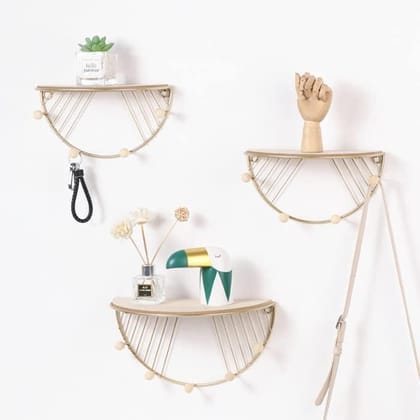 Golden D Shape Wall Mounted Hooks with Floating Shelf and Wooden Hooks