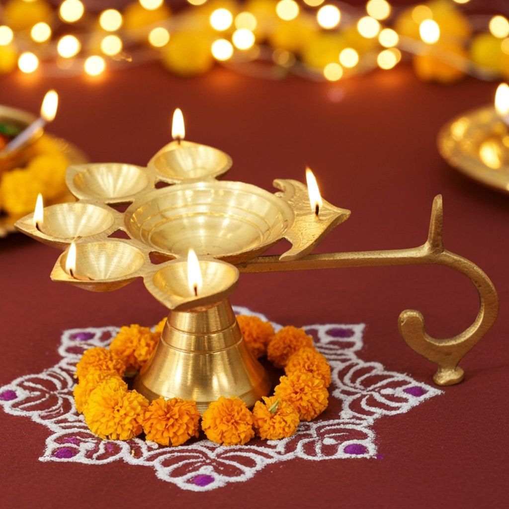 Brass Table Decor Oil Lamp Deepak 5 Wicks  - Classic Brass Deepak for Puja Rituals, Height : 2.1 Inch (FMAS317 A)