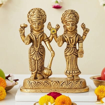 Brass Vishnu & Laxmi Ji God Idol Statue - Divine Home Decor, Height : 4.5 Inch (BSMAS1598 C)