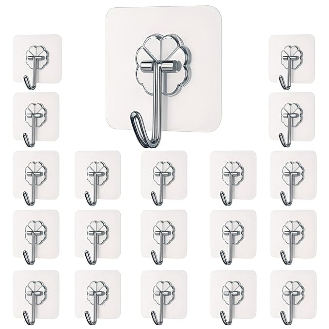 Self Adhesive Wall Hooks - Heavy Duty Wall Hooks for Hanging | Nail Free Sticky Hooks for Wall Heavy Items Without Drilling, Transparent Wall Hanger Hook (20)