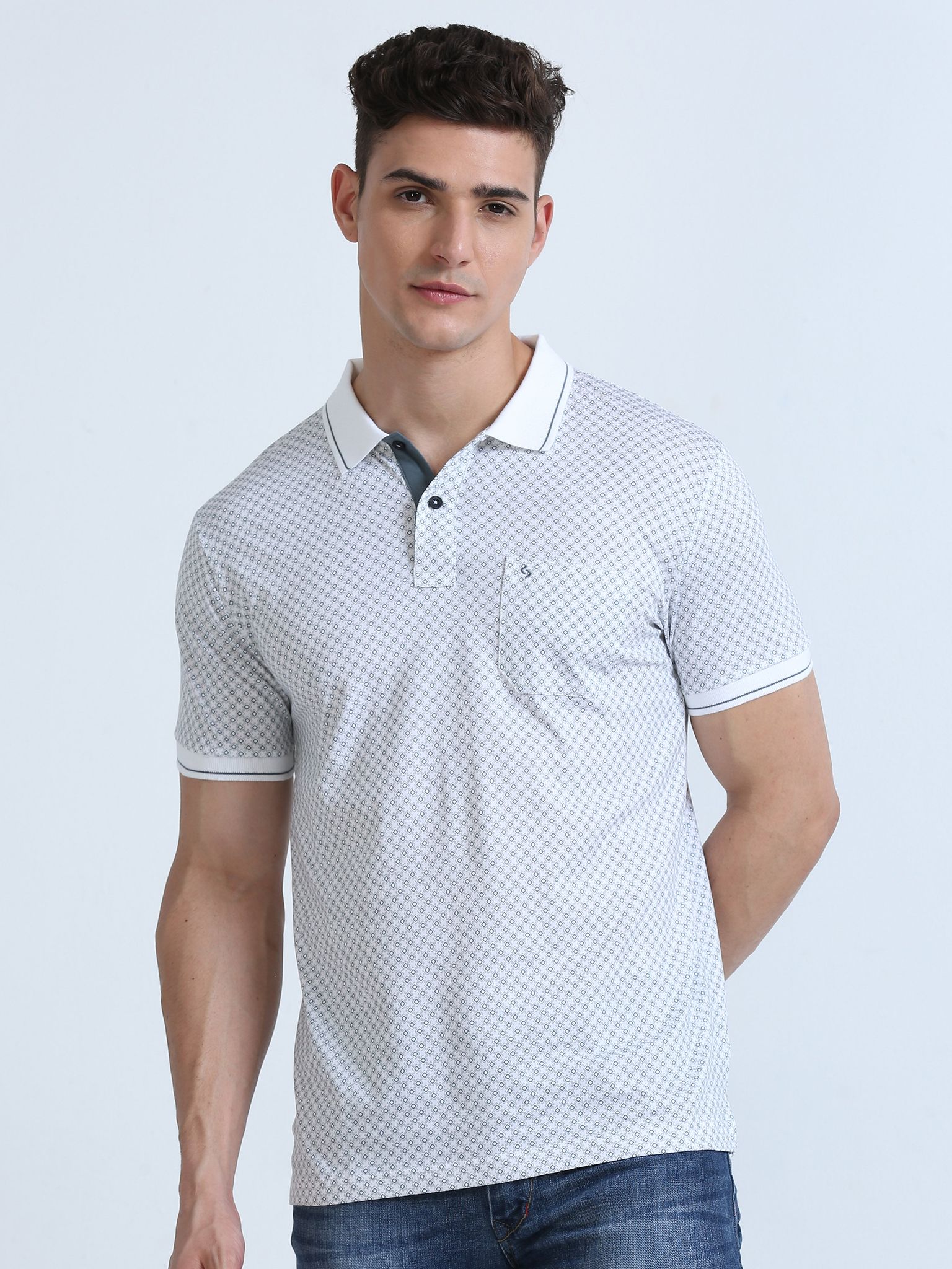 Classic Polo Men's Polo Neck Cotton White/Grey Slim Fit Printed T-Shirt | BELLO-267 B SF P