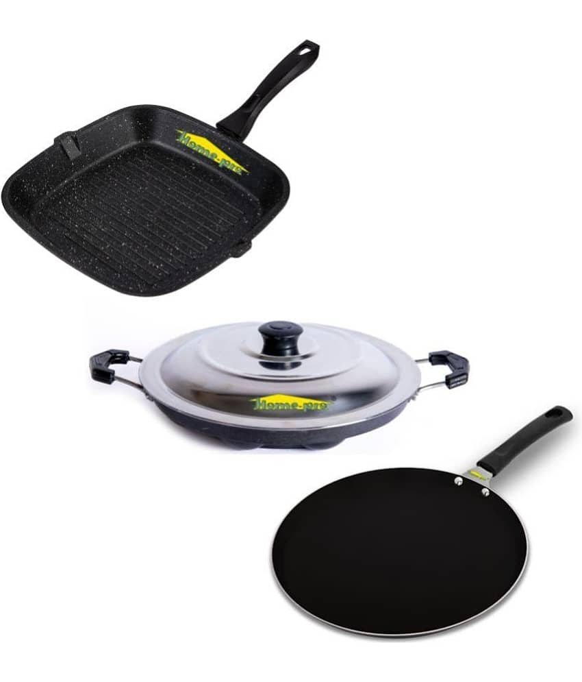 HomePro Non-Stick Set,Grill Pan 26 cm, Black Dosa Tawa 28 cm. Black Appam with Steel Lid 12 Cavity (Pack of 3)