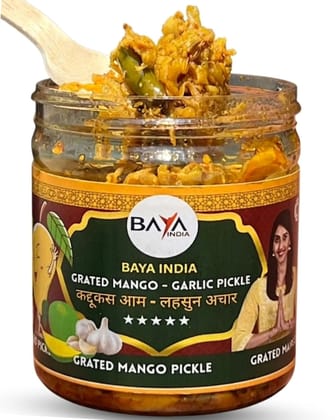 Baya India Grated Mango Pickle with Garlic & Green Chilli | Homemade Style Aam ka Lachcha Achar | Made in Mustard Oil | Spicy & Tangy | No Preservatives & No Chemical Baya India Grated Mango Pickle with Garlic & Green Chilli | Homemade Style Aam ka Lachcha Achar | Made in Mustard Oil | Spicy & Tangy | No Preservatives & No Chemical