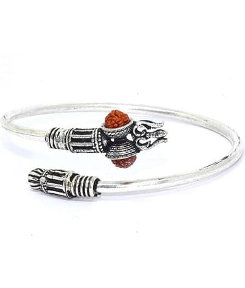 Rudradivine Designer Silver Oxidized Shiva Trishul Rudraksha Damru Kada Bracelet Bangle for Men and Boys Silver Trishul Damroo Designer Kada Bracelet Bangle for Women and Men (Flexible)
