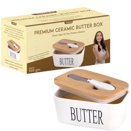 L'eanourz Premium Ceramic Butter Dish with Bamboo Lid and Knife | Airtight Butter Keeper for Countertop & Fridge | Premium Butter Storage Box for Kitchen |