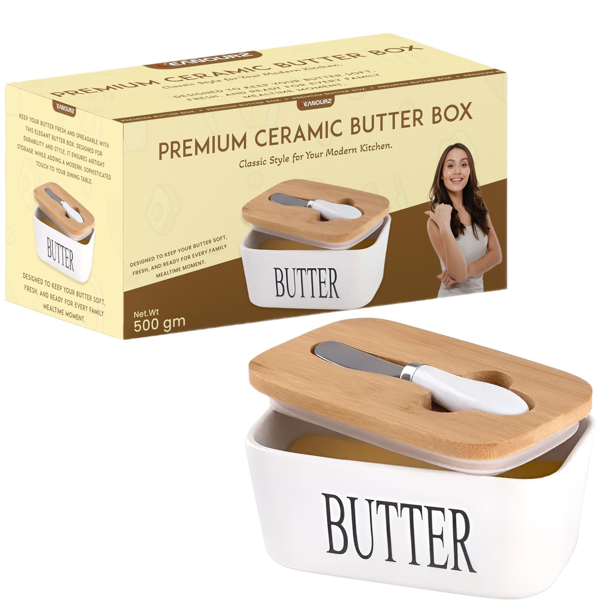 L'eanourz Premium Ceramic Butter Dish with Bamboo Lid and Knife | Airtight Butter Keeper for Countertop & Fridge | Premium Butter Storage Box for Kitchen |