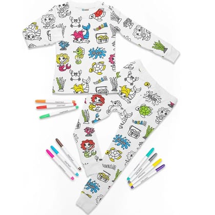 Arni Arts Magic Coloring Pajama Set Top and Bottom with Mermaid Print and 12 Washable Markers for Kids Age 4 to 5 Years
