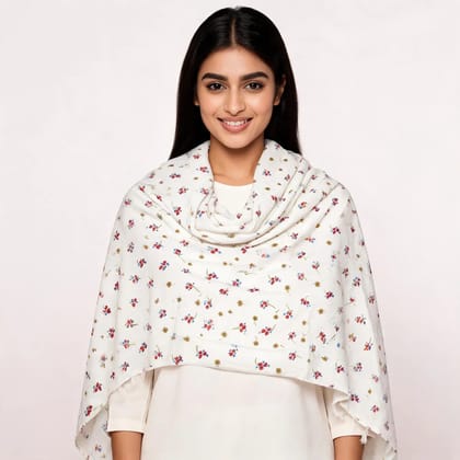 White Cotton Floral Print Shawl For Women