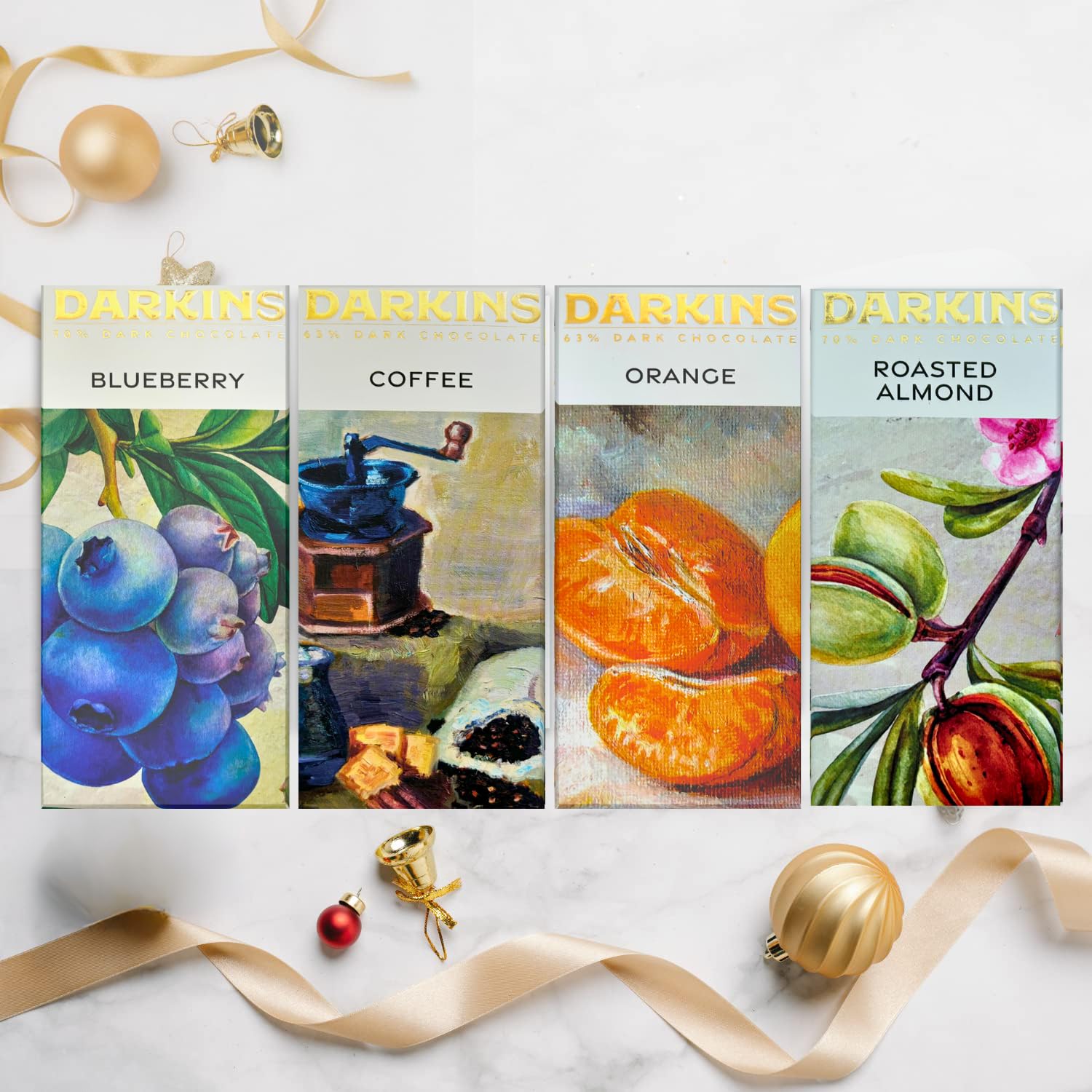 DARKINS 70% Dark Chocolate Blueberries | 70% Dark Chocolate Almonds | 65% Artisanal Dark Chocolate Coffee | 63% Artisanal Dark Chocolate Orange | Gluten-Free | 50gm Each Pack of 4