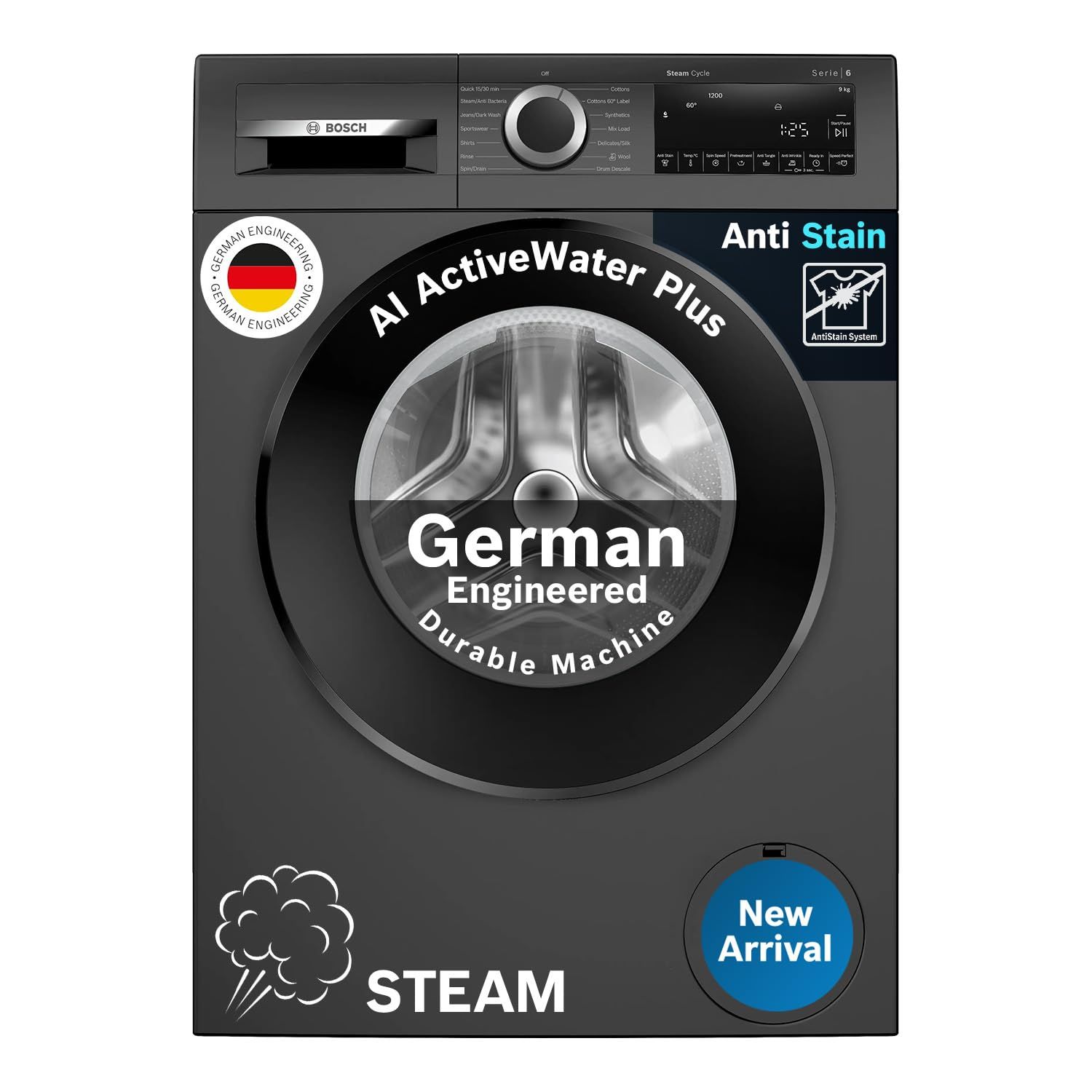 Bosch 9 kg 5 Star Front Load Fully-Automatic Washing Machine, AI ActiveWater, 14 Wash Programs, Removes 99.9% Germs with Steam, No Tangle or Wrinkle, SoftCare Paddle,Zero Vibration, White, WGA14200IN Bosch 9 kg 5 Star Front Load Fully-Automatic Washing M