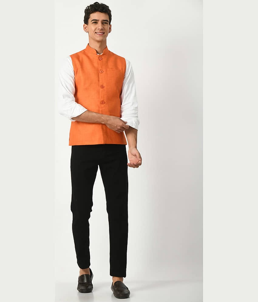 IndiWeaves Orange Cotton Blend Men's Nehru Jacket ( Pack of 1 )