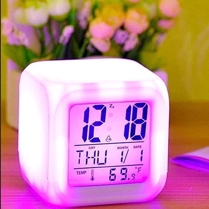 Color Changing Digital LED Alarm Clock for Table Home Decor Desk Night Table Watch Temperature/Day/Month/Date/Time/Alarm ( Without Cell )