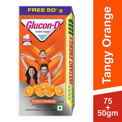 Glucon-D, Orange Flavoured Glucose Based Beverage Mix - 125 G (75G + 50G Free) Carton Glucon-D, Orange Flavoured Glucose Based Beverage Mix - 125 G (75G + 50G Free) Carton