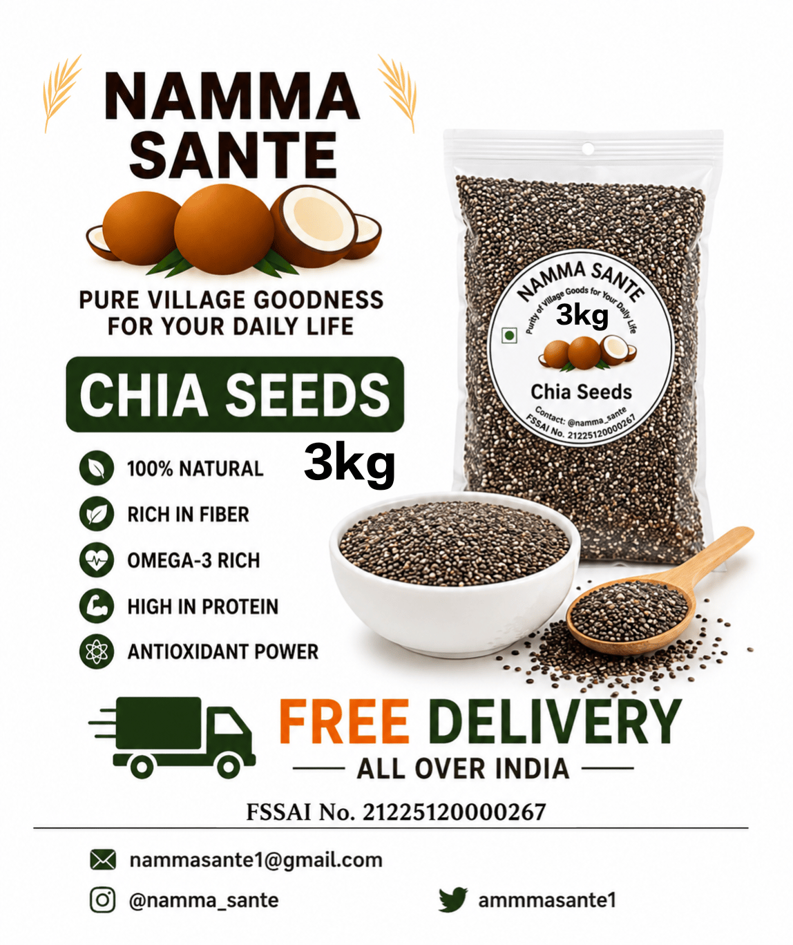 Chia Seeds, Salvia Seeds, Tukmaria Seeds, Mexican Chia Seeds, Superfood Seeds 3kg