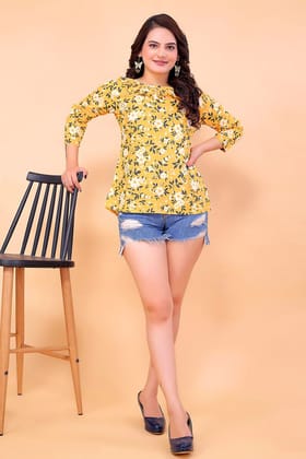 Women Yellow Floral Print Regular Fit Crepe Top with Ruffle Neck & 3/4 Sleeves