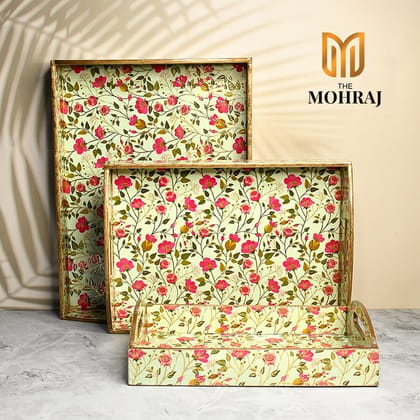 The Mohraj Blossom MDF Trays with Curved Handles and Gold Foil Finish Set of 3 The Mohraj Blossom MDF Trays with Curved Handles and Gold Foil Finish Set of 3