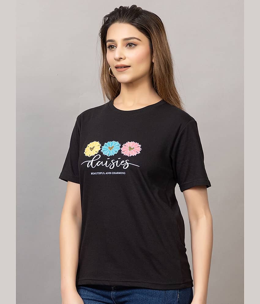 MISDYNAMIC Women Cotton Blend Printed Regular Fit Round Neck T-Shirt ( Black )