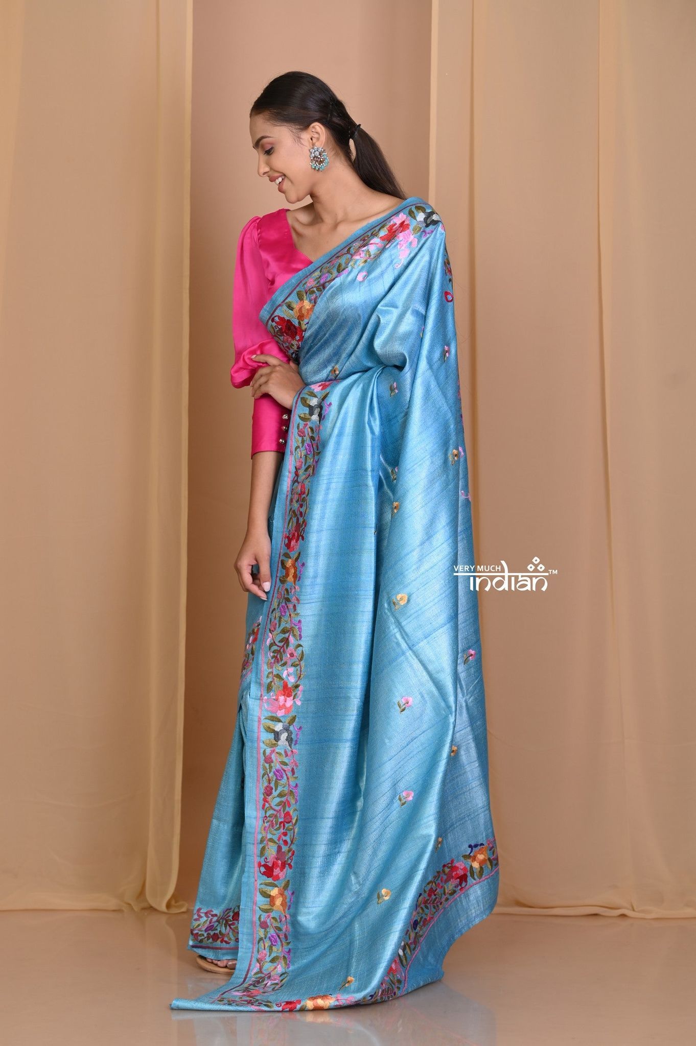 Pehal~Exclusive Pastel Blue Tussar Gicha Handloom Saree with Floral Embroidery