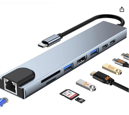 Lapster 8 USB-C Hub (8-in-1) 30Hz HDMI, 100 Mbps Ethernet, USB 3.0, microSD/SD Card Reader, Type-C Data, PD Charging, USB 2.0, Type-C Plug for Laptop, PC (Grey)