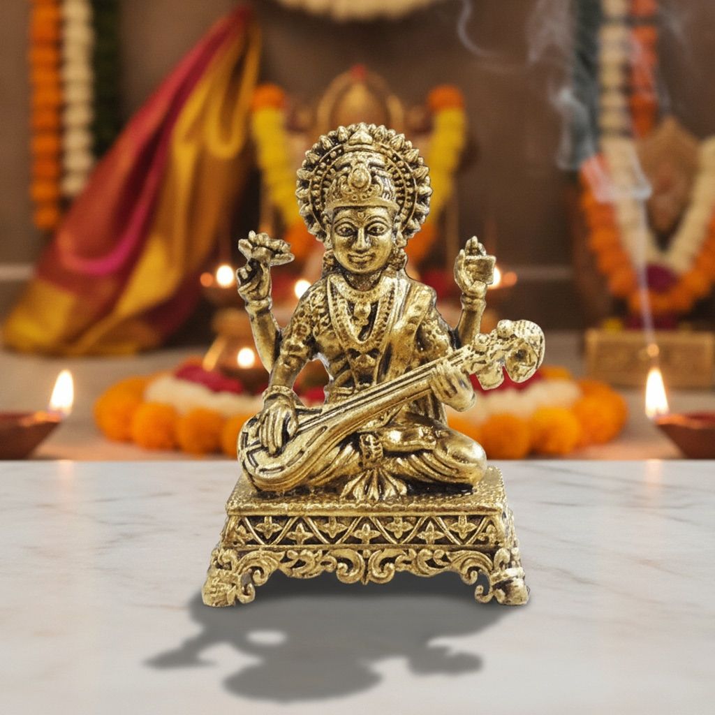 Mini Brass Saraswati Ji Idol Statue for Study Table & Gifting, Height : 1.5 Inch (BSMAS1920 C)