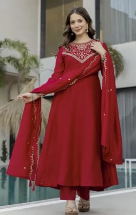 Vaidehi Fashion Cofee Anarkali Embroidered Vichitra Silk Kurta Set with Dupatta Embroidered Anarkali Kurta, Bottom & Dupatta Set