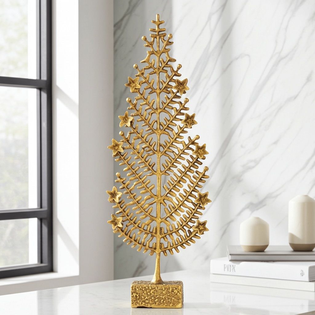 Brass Christmas Tree Table Decor Showpiece - Festive Home Decoration, Height : 17.2 Inch (BSMAS1294 C)