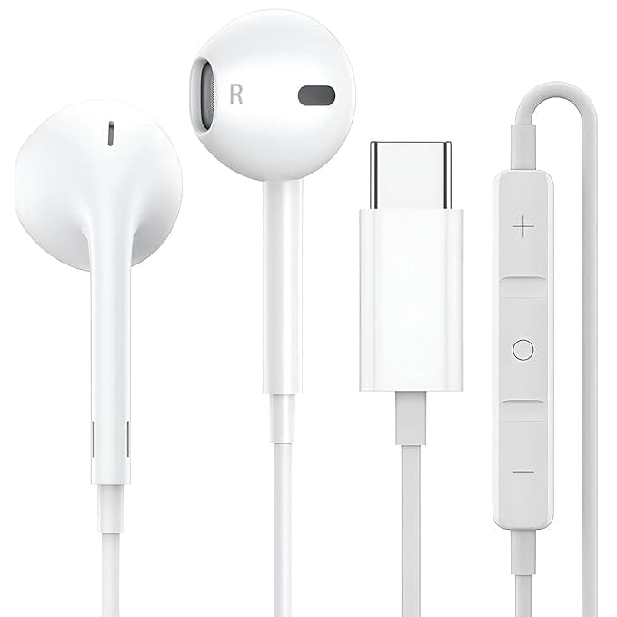 Type C Wired Earphones for iPhone 17, 16, 15, 14, 13, 12, 11, XS | in-Ear Headset with Mic & Volume Buttons | Rich Bass, Noise-Free Calls (White)
