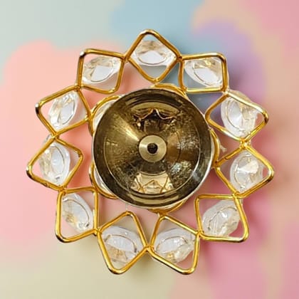 Gold Set Of 5 Lotus Flower Brass Crystal Diya| Rose Shaped Oil Puja Lamps For Home Decor & Pooja Decor