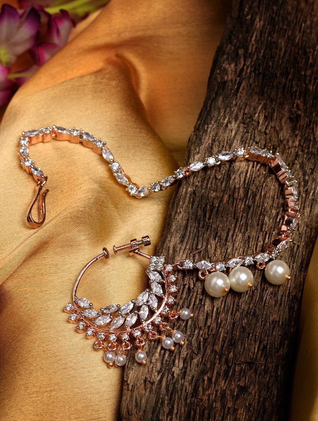 Rose Gold plated AD & Pearl studded Handcrafted Nose Ring