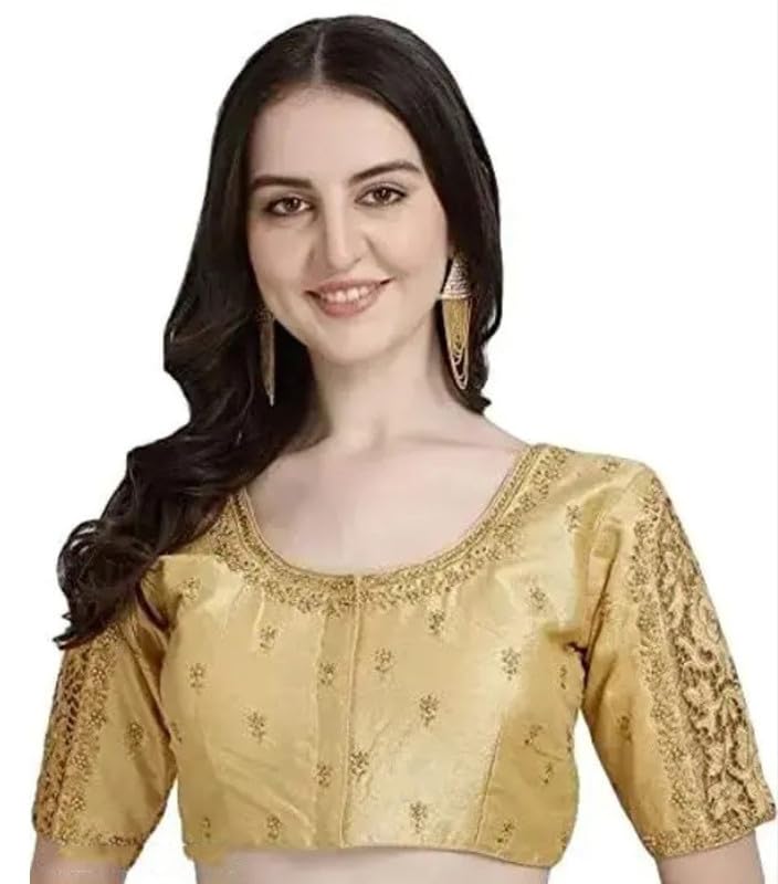 Women's Phantom Silk Woven Round Neck Short Sleeve Readymade Blouse (Golden, Free Size)-PID57714