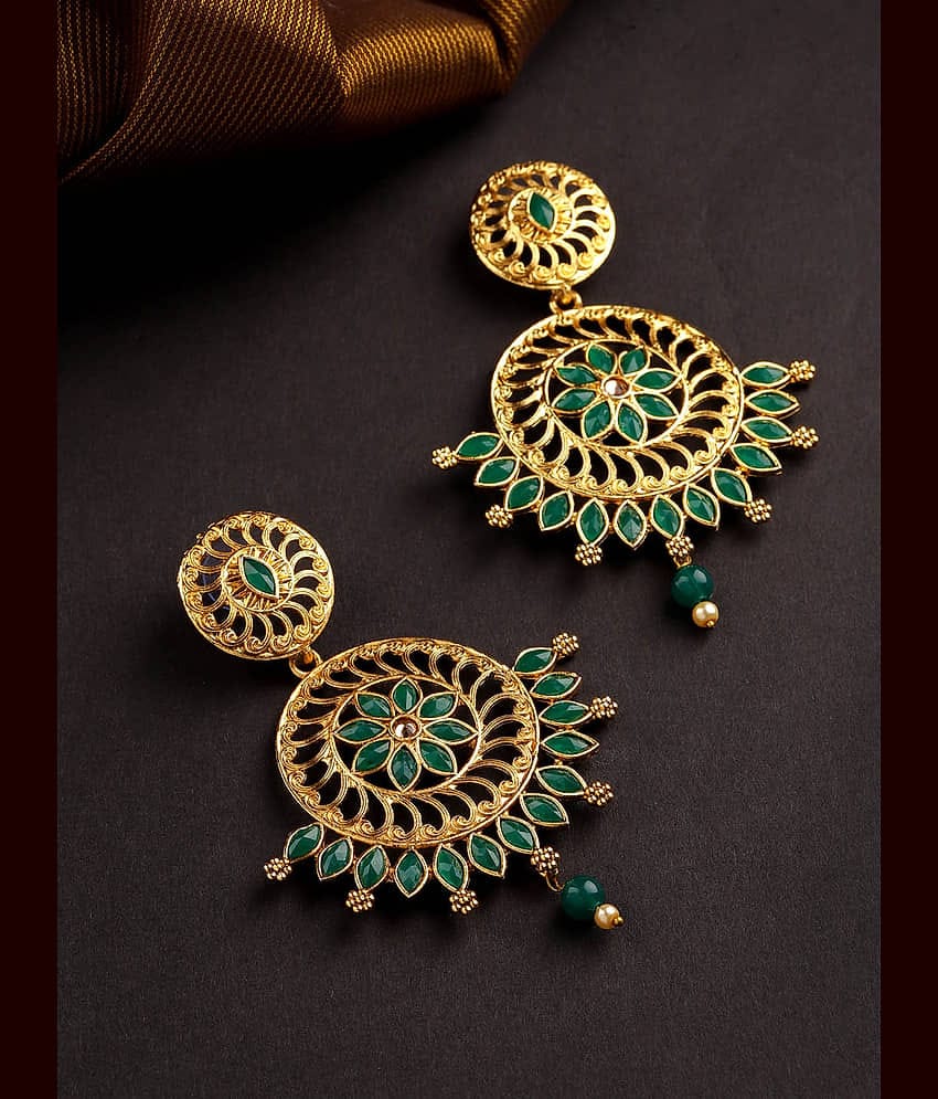 Priyaasi Traditional Green Coloured Stone Gold Plated Drop Earrings for Women and Girls