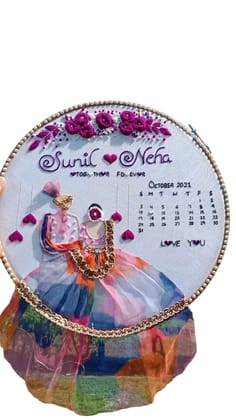 Elegant Golden Wedding Frame - 16 Inches of Exquisite Craftsmanship with Woolen and Sheer Threads