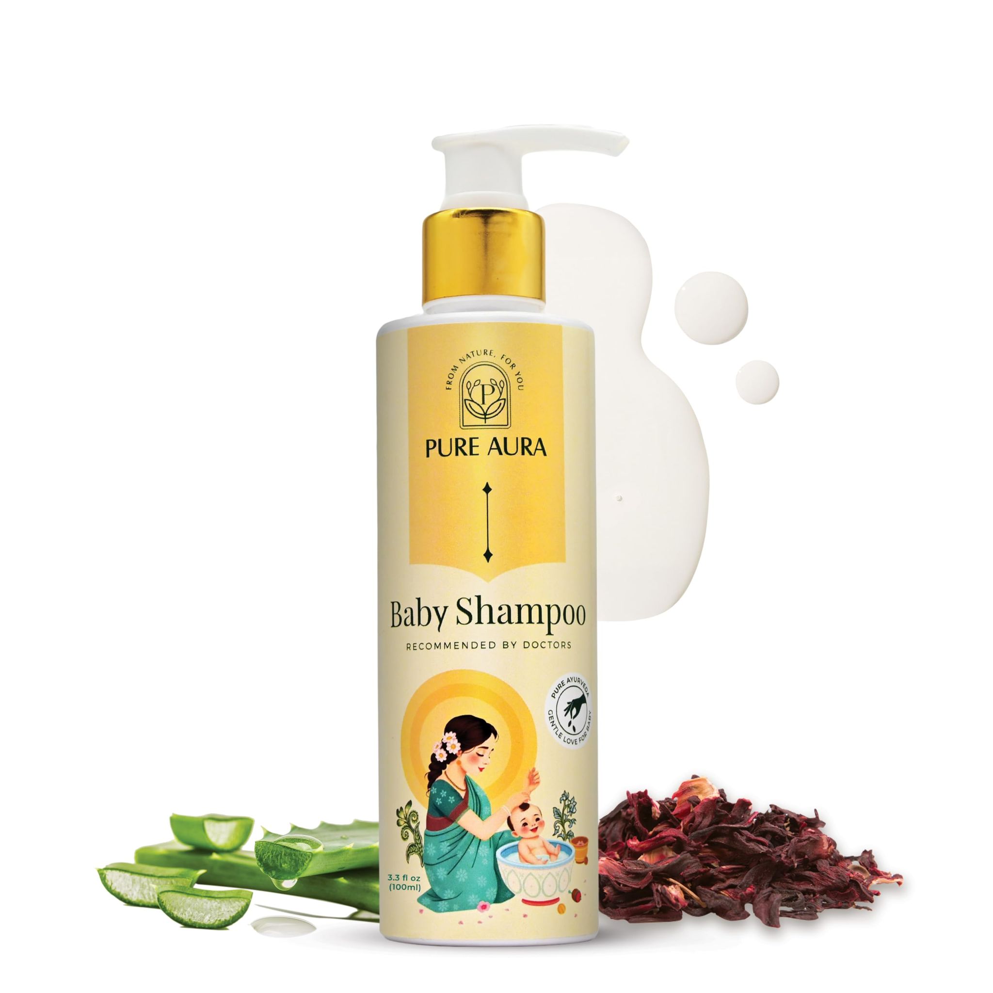 Pure Aura Baby Shampoo 100ml | Infused with 10 Ayurvedic Natural Herbs | Paraben-Free, Chemical-Free | Gentle & Nourishing for Baby's Hair & Scalp | Safe for Newborns & Kids | Doctors Recommended (Pack 0f 1)