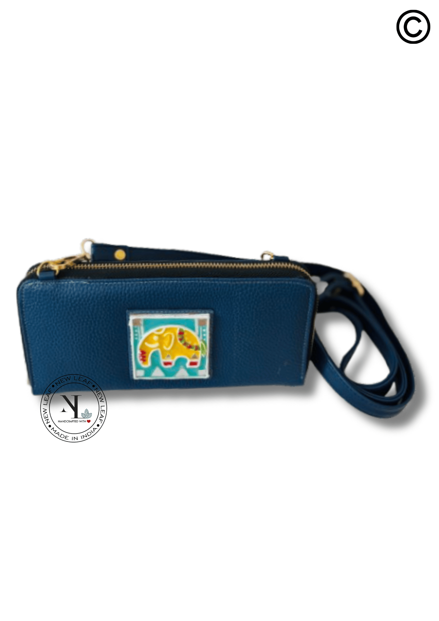 Elephant Blue Handcrafted Lippan Art Wallet Sling