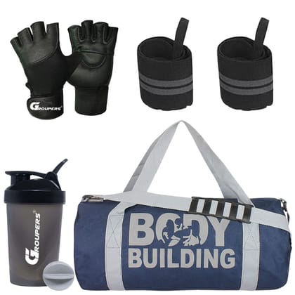 GROUPERS Duffle Canvas Bag with Shaker Bottle-400ml, Wrist Band & GloveslSports & Travel BaglSports Kitl (Blue) GROUPERS Duffle Canvas Bag with Shaker Bottle-400ml, Wrist Band & GloveslSports & Travel BaglSports Kitl (Blue)