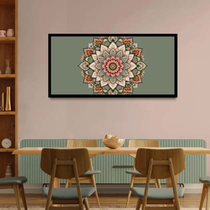 Luminary Floral Mandala Artworks Museum-Quality Cotton Canvas paintings for Home Décor | Frame Size (127 X 69 Cm) | Frame Type (Black) | 5-Year Warranty
