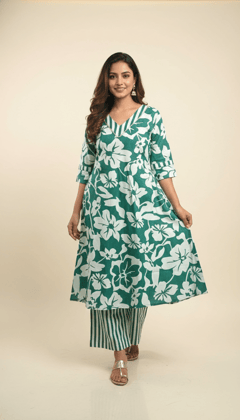Sea Green Floral Cotton Kurti Pant Set for Women | V-Neck Printed Kurti with Striped Pants | Casual Daily Wear Sea Green Floral Cotton Kurti Pant Set for Women | V-Neck Printed Kurti with Striped Pants | Casual Daily Wear