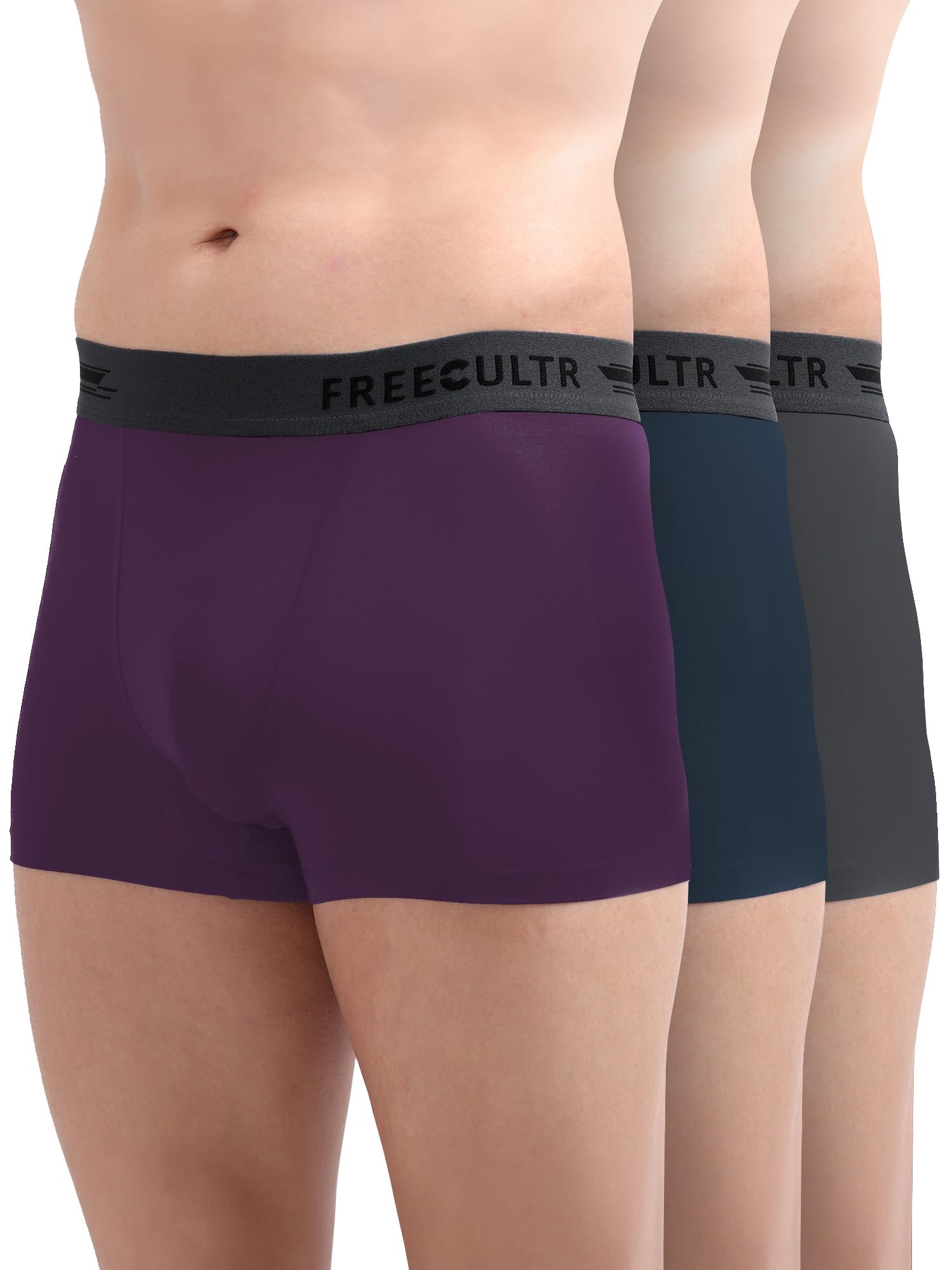 FREECULTR Men's Underwear Anti Bacterial Micromodal Airsoft Trunk - Non Itch No Chaffing Sweat Proof - Pack of 3-Trippy Violet,Prussian Blue,Ash Grey