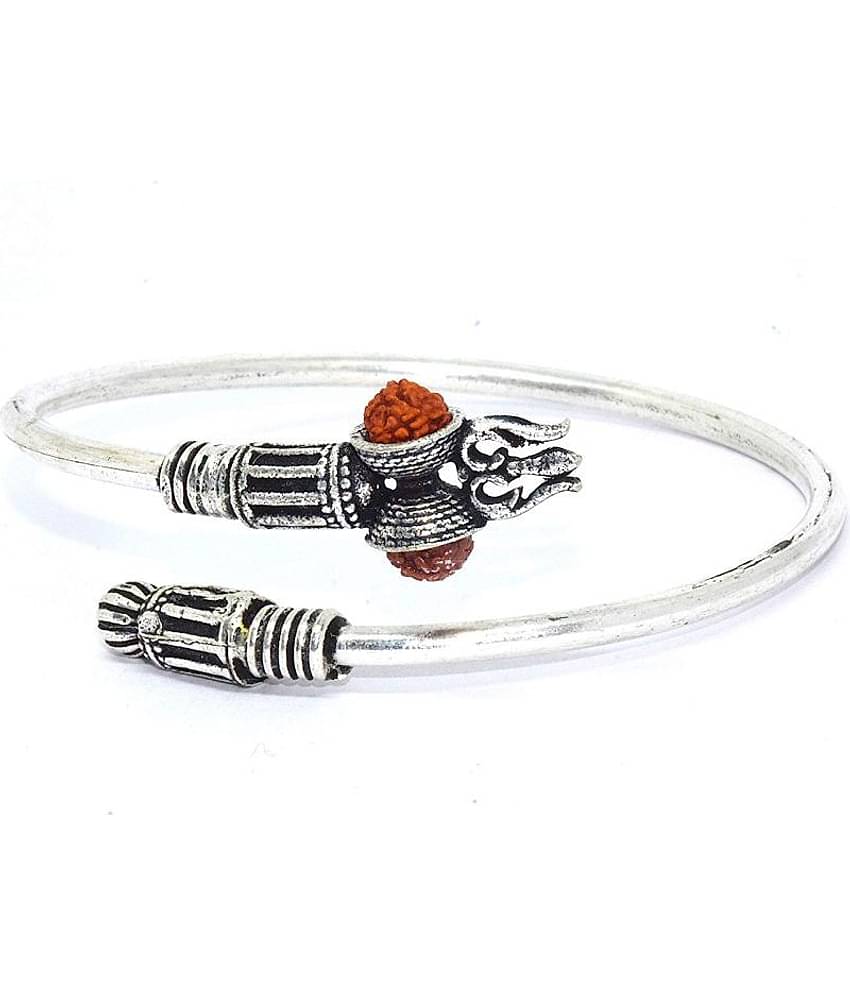 Rudradivine Designer Silver Oxidized Shiva Trishul Rudraksha Damru Kada Bracelet Bangle for Men and Boys Silver Trishul Damroo Designer Kada Bracelet Bangle for Women and Men (Flexible)